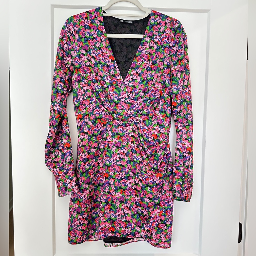 Zara Wrap Front Pink and Blue MiniDress with Long Sleeves Side Zip - Picture 2 of 12